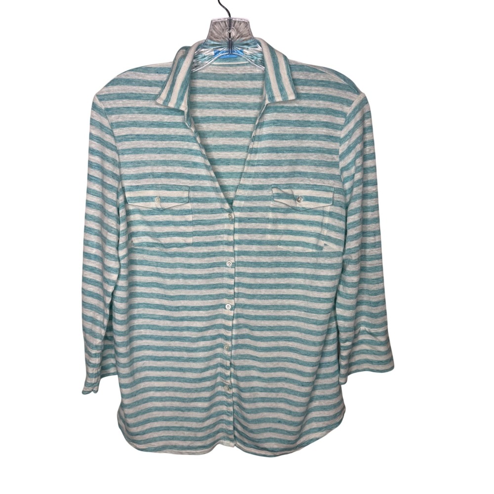 J.‎ McLaughlin Striped Linen Blend Button Front Shirt Top Teal White Size L